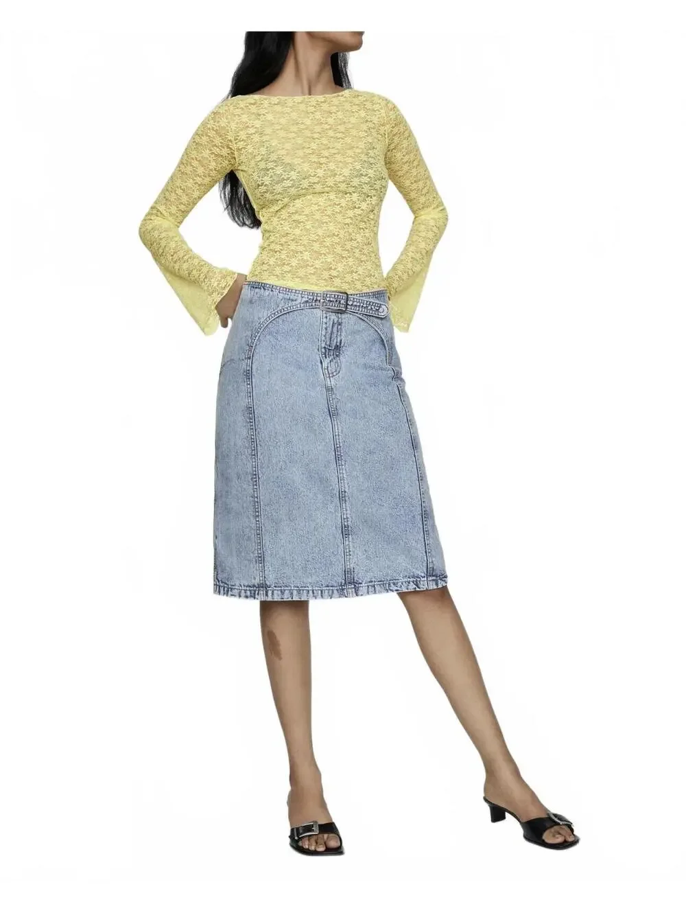 Mango Falda Denim Midi Skirt with Belt Indigo Blue Wash NWT XS